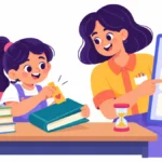 Illustration for task switching strategies: a girl closing a book with a bookmark while a teacher points to a visual schedule and a sand timer
