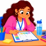 Illustration of a middle school teacher filling in an energy tracker at her desk after class