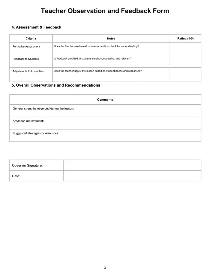 teacher observation feedback printable pages preview
