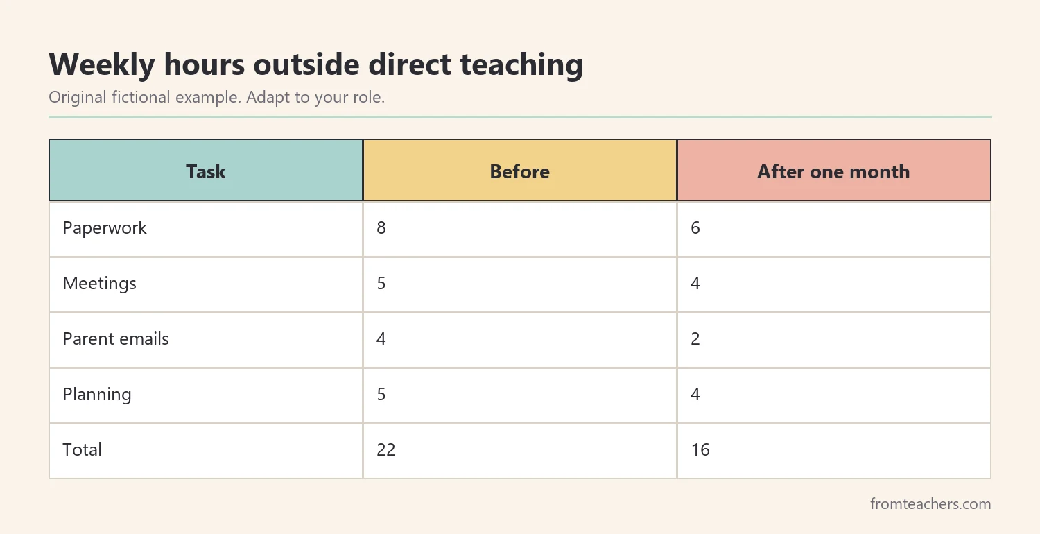 Table comparing a fictional teacher's weekly hours outside teaching before and after changes