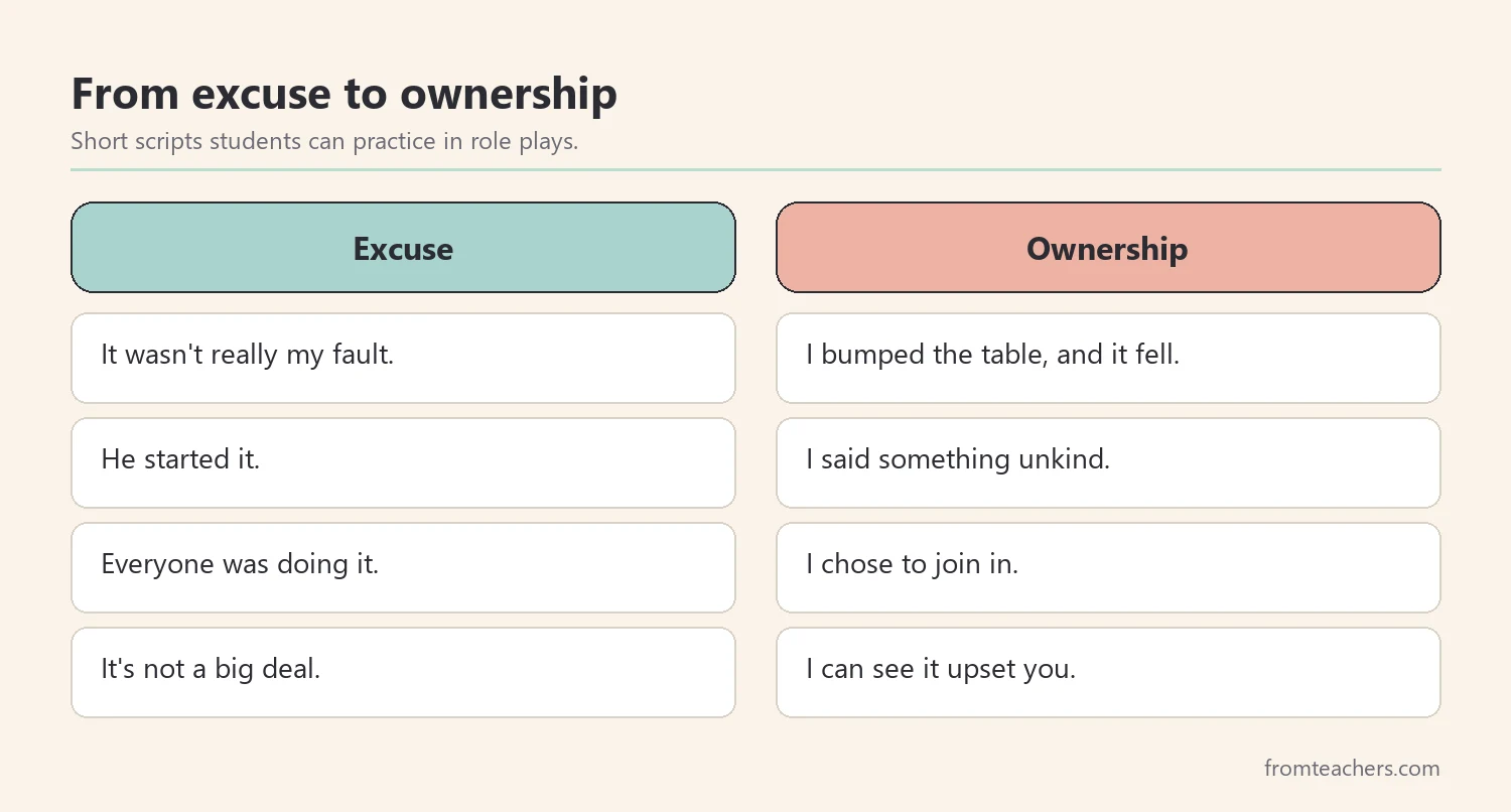 Comparison of common excuses and clear ownership statements students can use