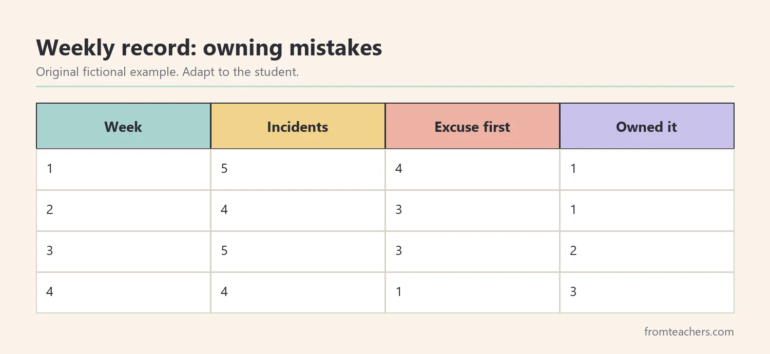 Table of four weeks of fictional data showing more ownership statements and fewer excuses