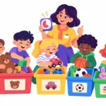 teaching kids to clean up illustration: a group of young children happily putting toys into labeled bins while a teacher holds a timer