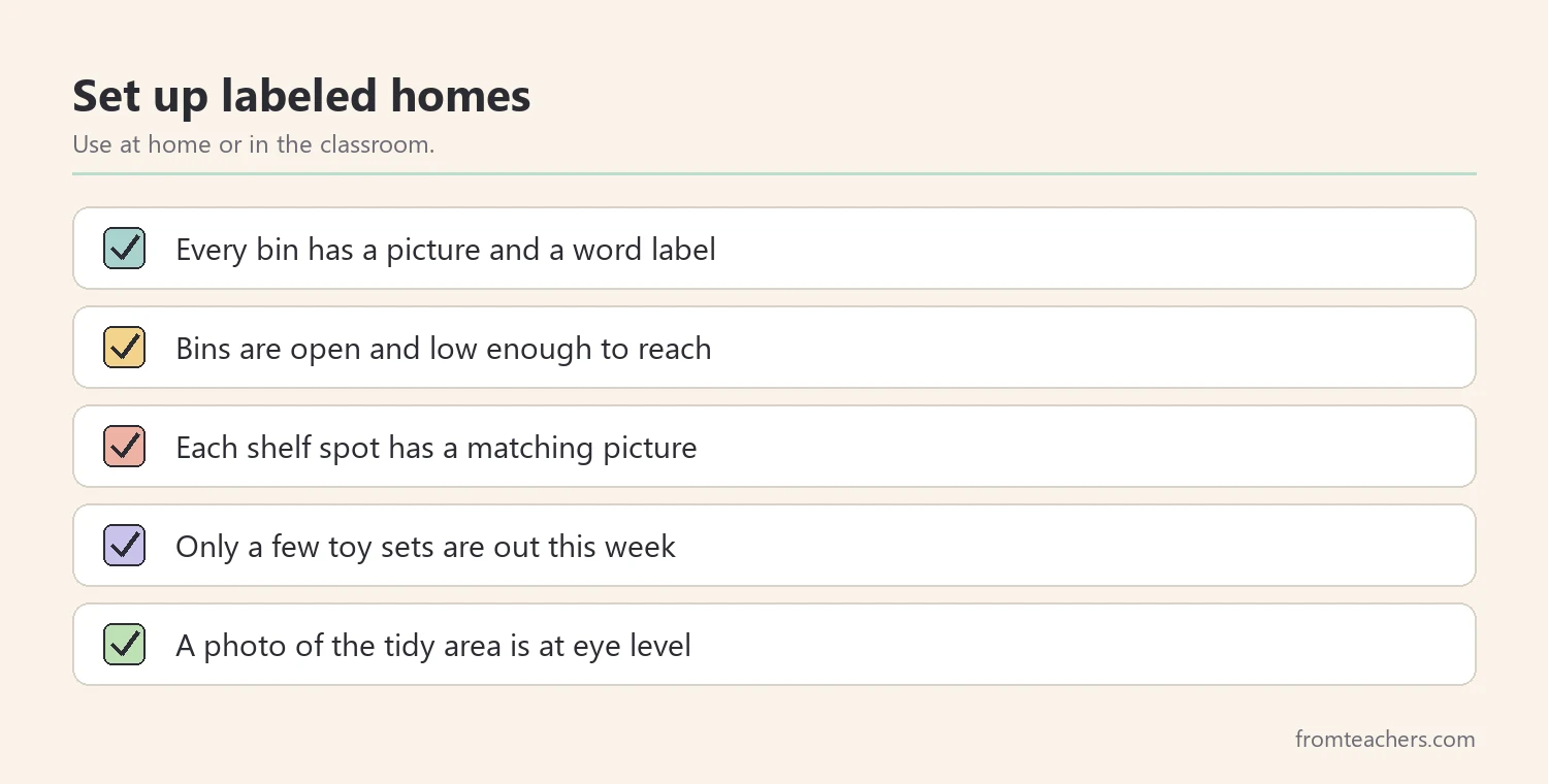 Checklist for setting up labeled homes for toys and supplies