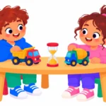 Illustration for teaching kids to share: two young children at a play table taking turns with a toy truck beside a sand timer