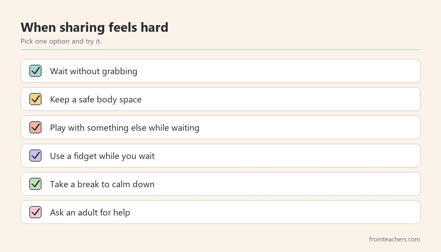 Checklist of options for a child when sharing feels hard