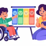 Illustration for teaching self-regulation skills: a boy in a wheelchair pointing to a color zones chart while his teacher smiles and nods