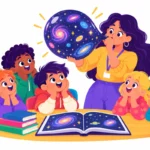 Illustration for teaching the Big Bang theory: students watching a teacher inflate a balloon dotted with galaxies to show the universe expanding