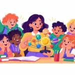 Illustration for teaching the solar system: excited children gathered around a teacher holding a model of the planets orbiting the sun