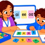 Illustration of a tutor and a grade 3 student building vowel team words with letter tiles