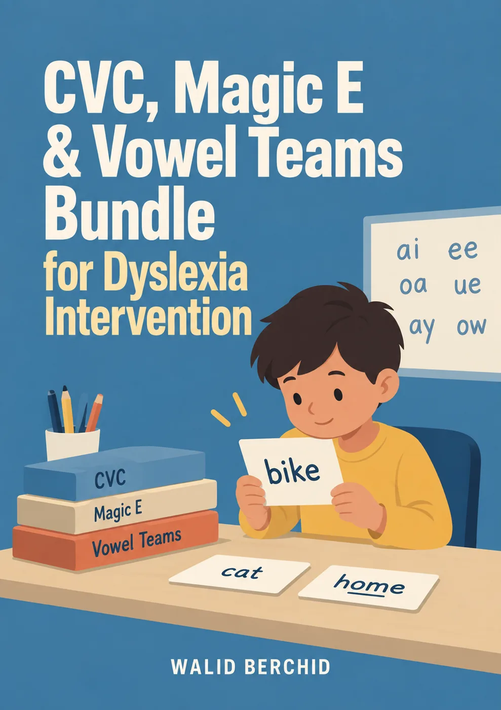 CVC, Magic E and Vowel Teams Bundle for Dyslexia Intervention cover with a boy reading word cards