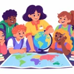 Students learning in a classroom focused on teaching world religions with a globe and maps