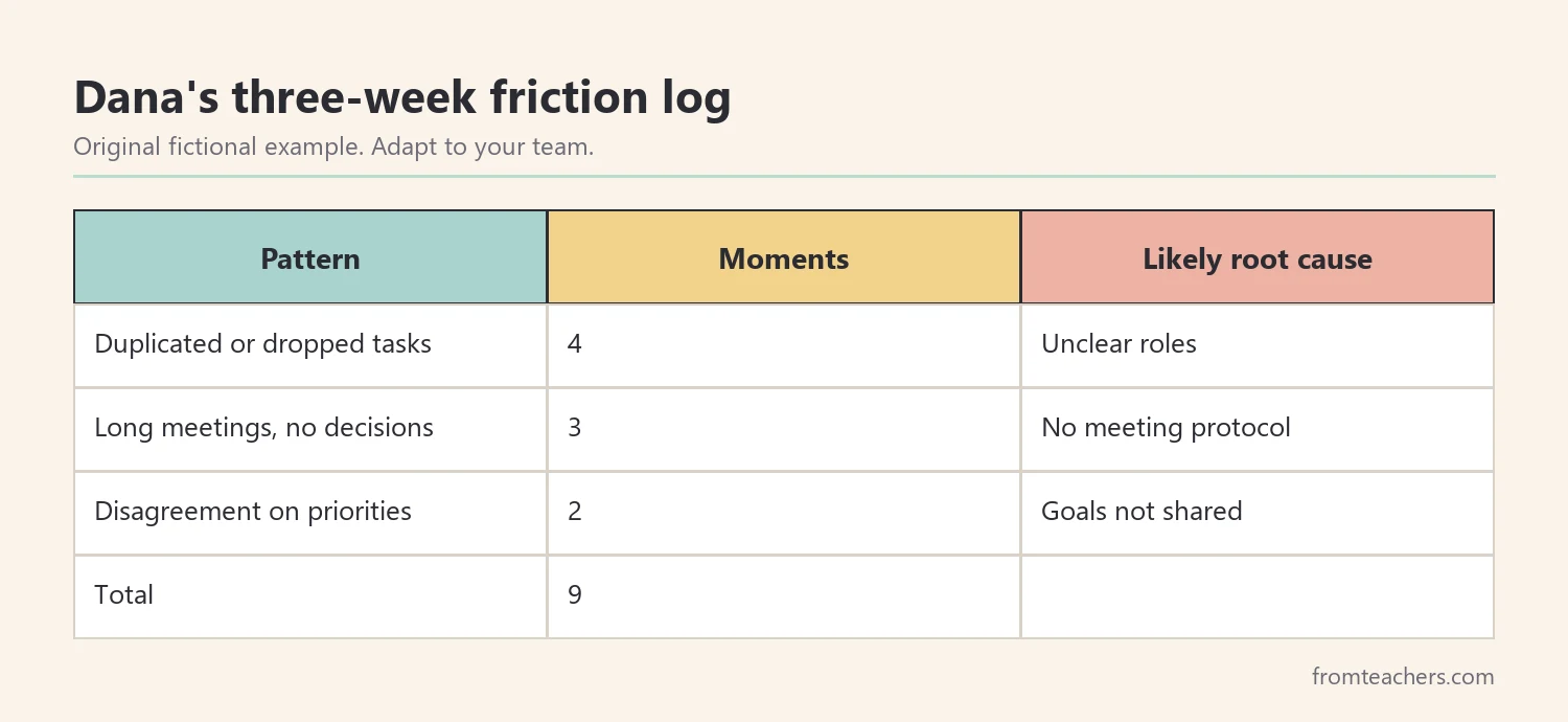 Fictional three-week friction log sorted into three patterns