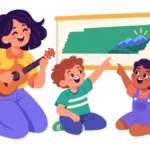 Illustration for Tennessee facts for kids: a teacher strumming a toy guitar while two kids point at the Smoky Mountains on a Tennessee map