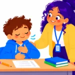 Illustration for test anxiety strategies: a boy at a desk taking a slow breath with eyes closed before a quiz while a teacher stands nearby with a calm smile