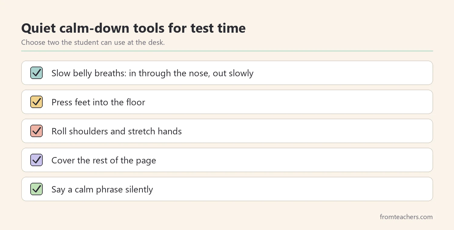Checklist of five quiet calm-down tools for test time, including belly breaths, pressing feet into the floor, and covering the rest of the page