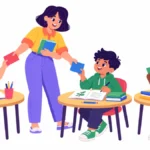 Illustration for tiered assignments: a teacher handing three colored task cards to students working at different tables on the same topic