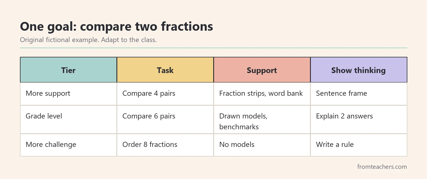 Table comparing three tiers of a fraction task by task, support, and how students show their thinking