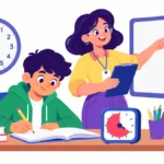 Illustration for time blindness strategies: a student at a desk with a visual timer and an analog clock while a teacher points to written start times