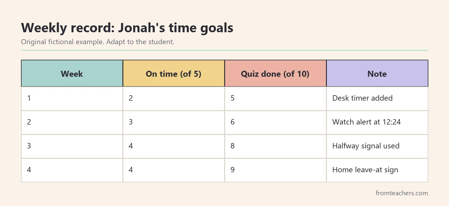 Table of four weeks of fictional data showing on-time arrivals and test questions finished