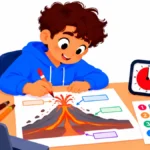 Illustration of a middle school student using a visual timer and a planning sheet at a desk