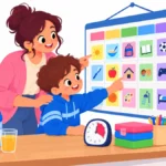Illustration of a parent and child checking a wall calendar and a visual timer in a family kitchen