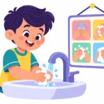 Illustration for toilet training social story: a smiling young boy washing his hands at a low sink while a picture sequence card hangs on the wall beside him
