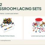 Two classroom lacing sets: wooden pattern beads and lowercase alphabet threading letters