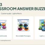 Three Learning Resources classroom answer buzzer sets: original sounds, recordable messages, and lights with sounds.