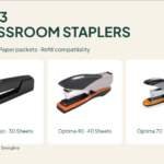 Three Swingline classroom staplers: black 747 Classic, Optima 40 and Optima 70, with manufacturer product photos.