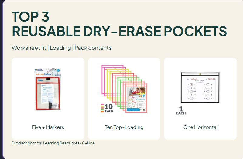 3 Reusable Dry-Erase Pocket Options: Marker Bundle, Ten-Pack and Horizontal