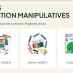 Three Learning Resources fraction manipulatives: Rainbow Tiles LER0615, Equivalency Cubes LER2509 and Magnetic Circles LER1616