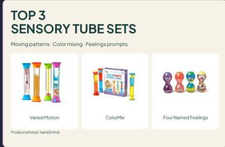 3 Sensory Tube Sets Compared: Moving Patterns, Color Mixing and Feelings