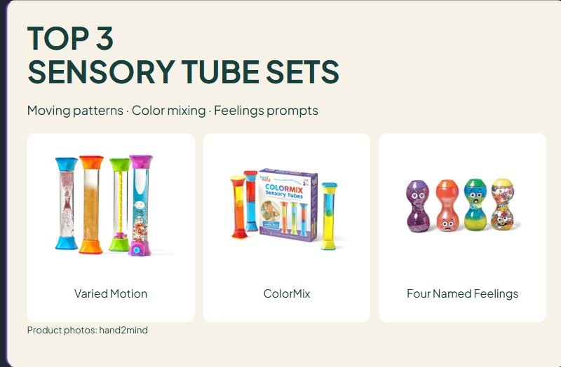 3 Sensory Tube Sets Compared: Moving Patterns, Color Mixing and Feelings