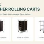 Top 3 Seville teacher rolling carts: 10 drawers, 15 drawers, and open wire shelves