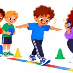 Illustration of a teacher with a clipboard timing a student balancing on a floor line in a school gym