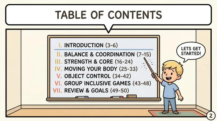 Table of contents page listing balance, strength, object control and group game sections
