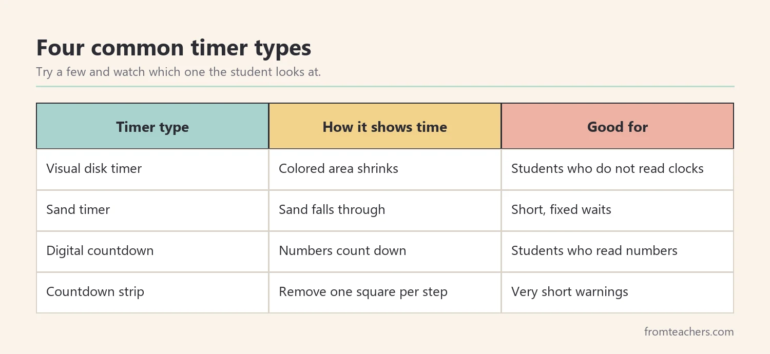 Table of four timer types for students and what each one is good for