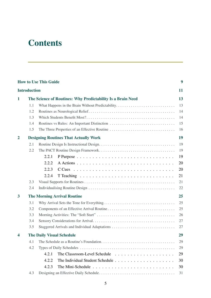 Preview pages of a routines guide with transition routines and printable templates