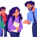 Illustration of a teacher greeting a teenage girl with a hoodie at the classroom door