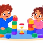 Illustration for turn-taking skills: two young children sitting on a rug taking turns stacking colorful building blocks while a small sand timer stands between them