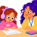 Illustration for types of calming strategies: a girl wearing headphones tracing a square on her desk while her teacher sits beside her
