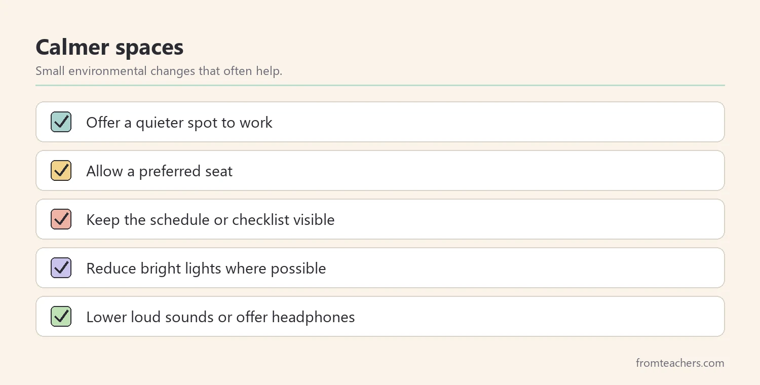 Checklist of simple environmental changes that can help students feel calm