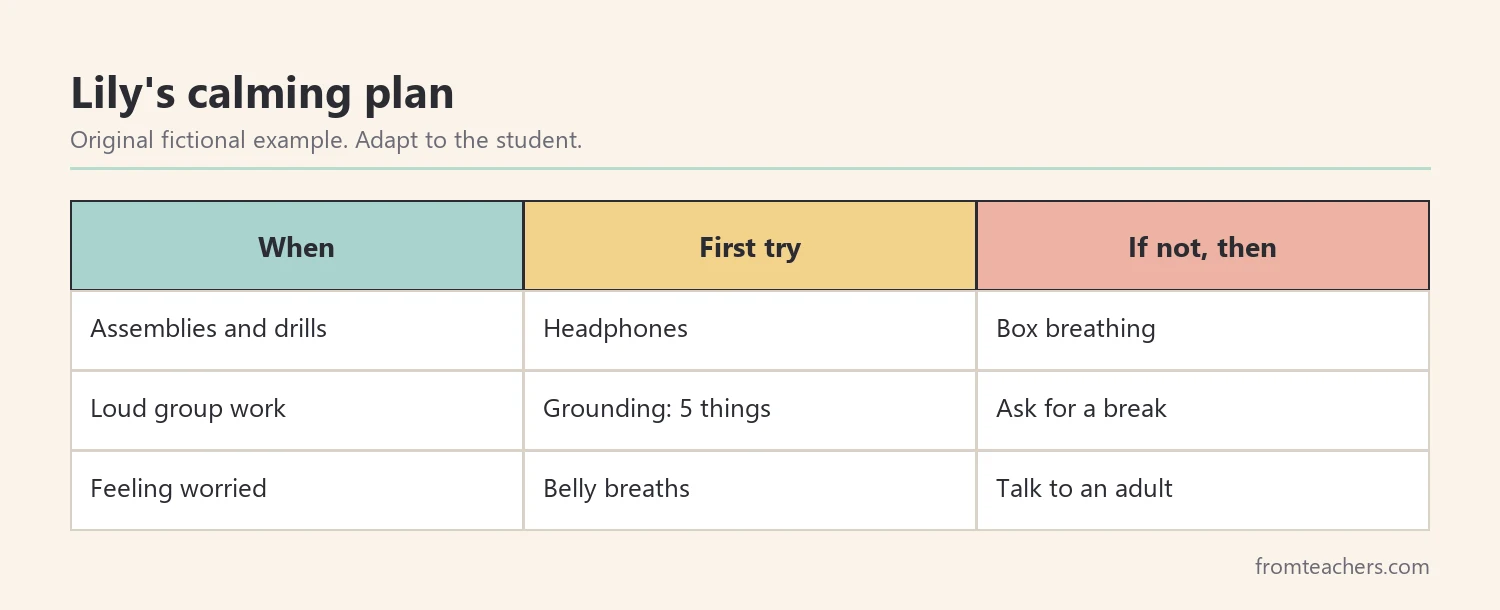 Table of a fictional student's personal calming plan for three common situations