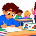 Illustration of a teacher giving a quiet thumbs up to a grade 4 student writing at his desk