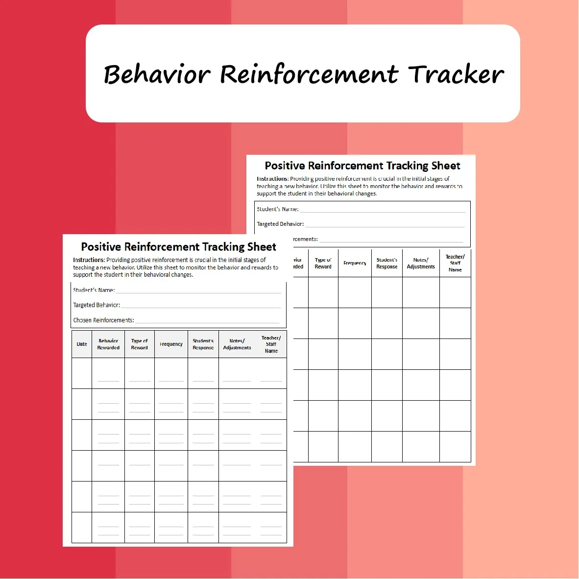 Positive reinforcement tracking sheet cover showing the behavior reinforcement tracker pages
