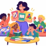 Illustration for universal design for learning: a teacher handing out three different activity options to a diverse group of students at round tables