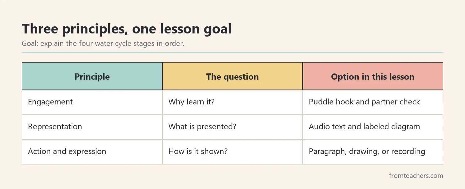 Three columns showing engagement, representation, and action and expression options for one lesson