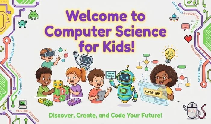 Welcome to Computer Science for Kids cover with children coding on computers