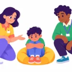 Illustration for unsafe behavior in school: two calm teachers at a safe distance while an upset boy sits on a cushion in a quiet corner